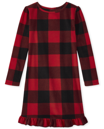 Girls Matching Family Buffalo Plaid Fleece Ruffle Nightgown