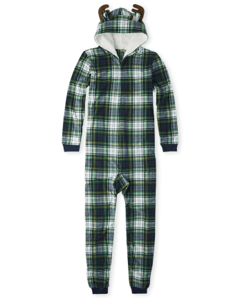 Adult Matching Family Plaid Moose Fleece One Piece Pajamas