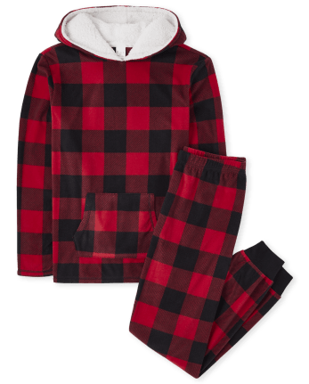Big Feet Pajamas Adult Red & Black Buffalo Plaid Plush Hooded