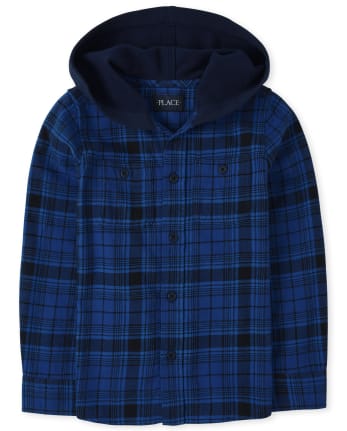 Boys Plaid Flannel Button Down Hooded Top