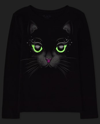 Camiseta con estampado de gato resplandeciente para niñas