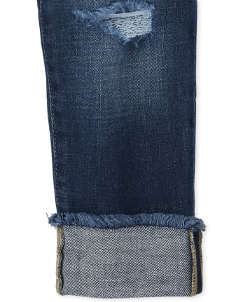 Jeans rectos con puños enrollados desgastados para niñas