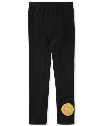 Girls Flip Sequin Happy Face Fleece Lined Leggings