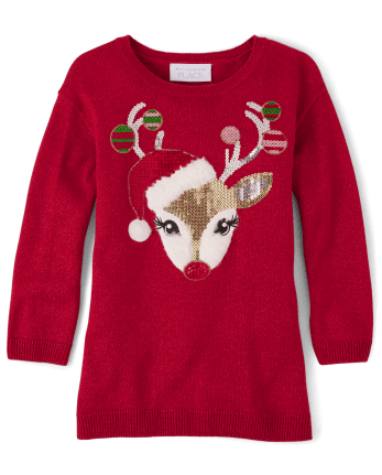 Baby And Toddler Girls Sequin Reindeer Sweater Dress