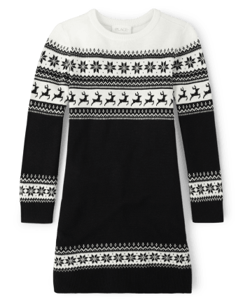 Girls Christmas Long Sleeve Reindeer Fairisle Sweater Dress | The  Children's Place - BLACK