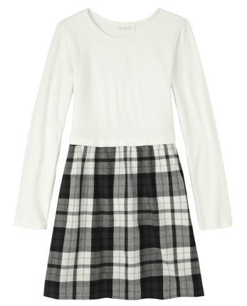 Girls Plaid Knit To Woven Dress