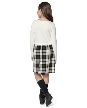 Girls Plaid Knit To Woven Dress