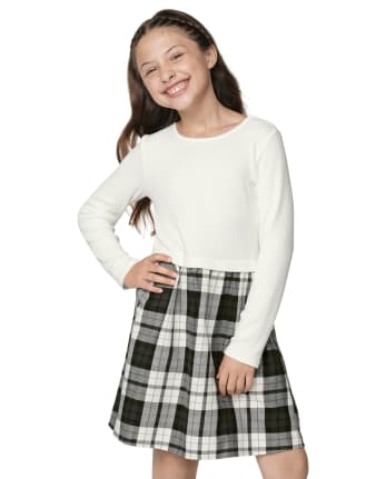 Girls Plaid Knit To Woven Dress