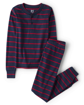 Unisex Kids Striped Henley Snug Fit Cotton Pajamas