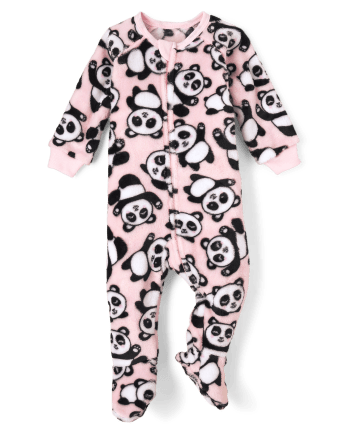 Baby And Toddler Girls Long Raglan Sleeve Panda Print Fleece One Piece ...