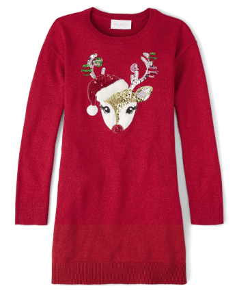 Girls Sequin Reindeer Sweater Dress