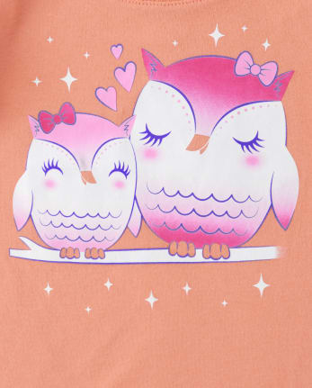Toddler Girl Graphic Owl and Heart-shaped Print Ruffled Long-sleeve Tee