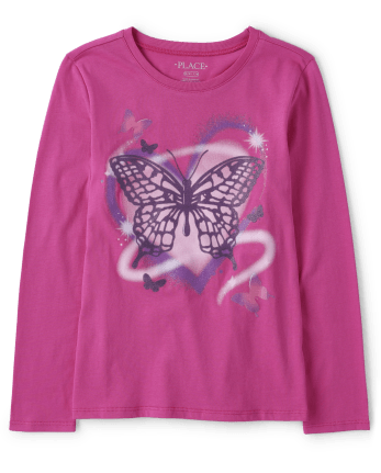 Girls Long Sleeve Butterfly Graphic Tee - PINK | The