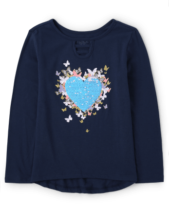 Girls Flip Sequin Heart Butterfly Cut Out Top