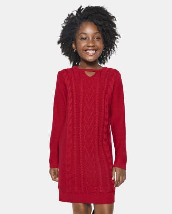 Girls Christmas Long Sleeve Cable Knit Cut Out Sweater Dress