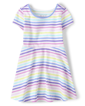 Baby And Toddler Girls Short Sleeve Rainbow Striped Knit Skater Dress ...