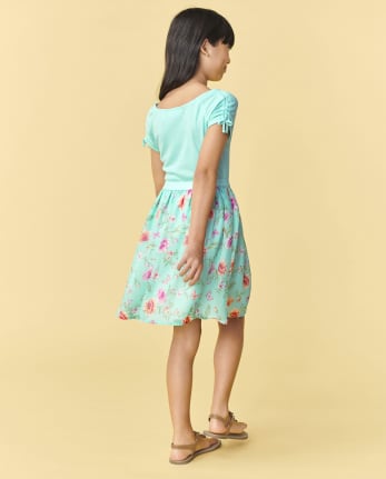 Girls Floral Knit To Woven Dress