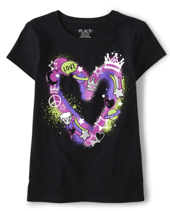 Girls Short Sleeve Doodle Heart Graphic Tee