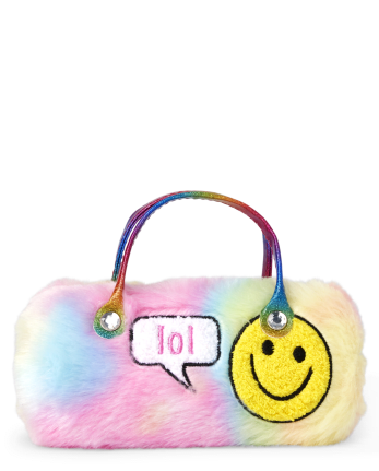 Girls Embroidered Happy Face Faux Fur Sunglasses Case