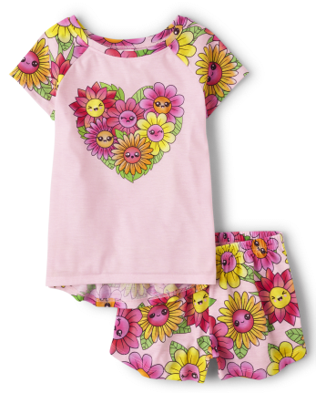 Girls Short Raglan Sleeve Floral Heart Pajamas | PJ Place - CAMEO