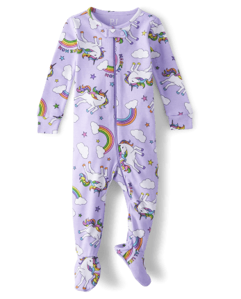 Baby And Toddler Girls Rainbow Unicorn Snug Fit Cotton One Piece Pajamas