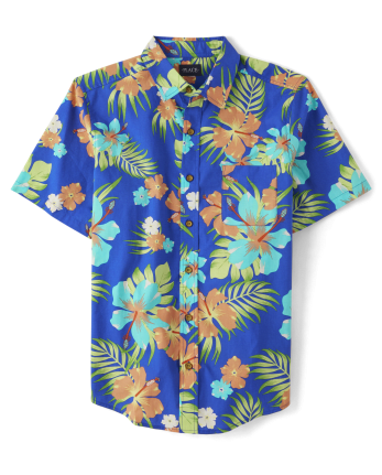 Camisa a juego con botones de popelina con estampado tropical de manga corta para hombre The Children's Place - COOL COBALT