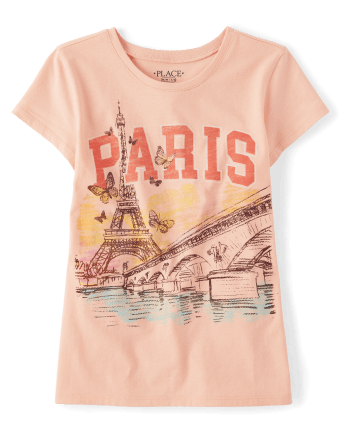 Girls Short Sleeve Paris Graphic Tee | The Children's Place - APRICOT GLOW