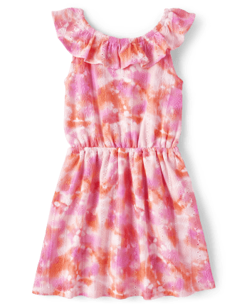 Girls Tie Dye Jacquard Eyelet Ruffle Dress