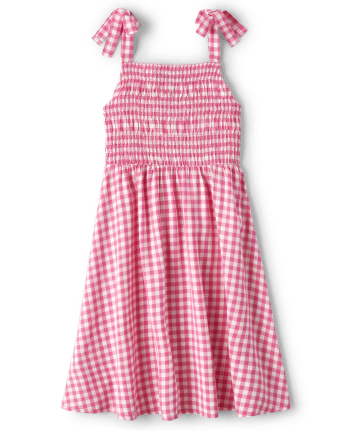 Girls Gingham Tie Shoulder Dress
