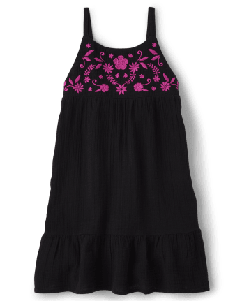 Girls Embroidered Floral Gauze Ruffle Dress