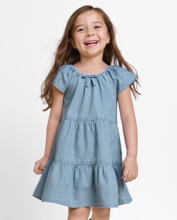 Baby And Toddler Girls Short Flutter Sleeve Chambray Woven Tiered Dress ...