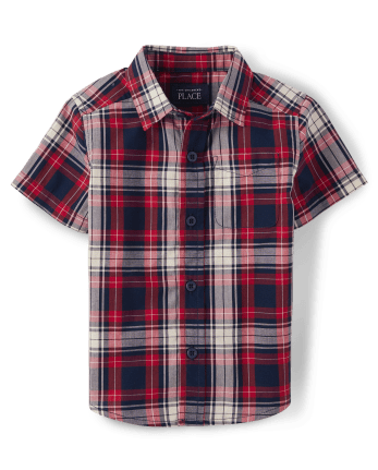 Boy's Button-Front Short-Sleeve Plaque Shirt