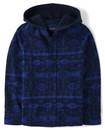 Boys Geometric Flannel Button Up Hooded Top