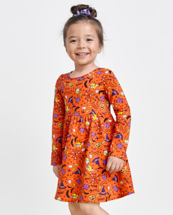 Baby And Toddler Girls Mix And Match Long Sleeve Halloween Print Knit Babydoll Dress SQUASHORG The Children s Place
