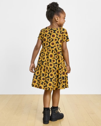 Baby And Toddler Girls Mix And Match Short Sleeve Sunflower Print Tiered Knit Babydoll Dress BROWN The Children s Place