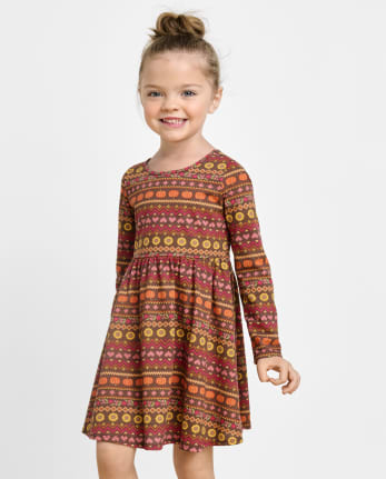 Baby And Toddler Girls Pumpkin Fairisle Babydoll Dress