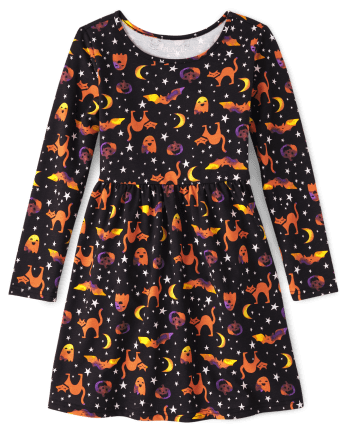 Girls Long Sleeve Halloween Print Knit Everyday Dress | The Children's ...