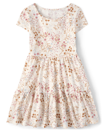 Girls Mix And Match Short Sleeve Floral Print Knit Tiered Dress | The ...