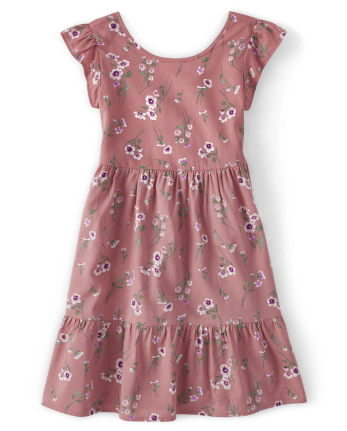 Girls Short Flutter Sleeve Floral Print Woven Tiered Dress | The ...