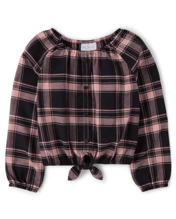 Girls Plaid Tie Front Top