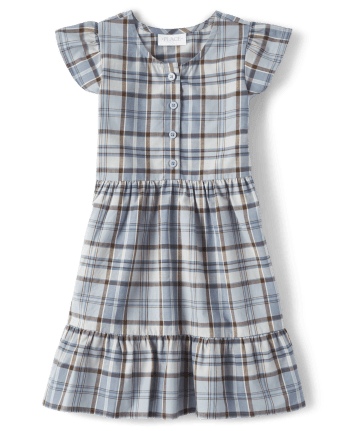 Girls Plaid Button Front Poplin Tiered Dress