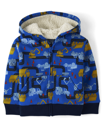 Baby And Toddler Boys Construction Truck Sherpa-Lined Zip-Up Hoodie