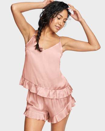 Womens Ruffle Satin Pajamas