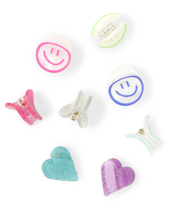 Paquete de 8 pinzas para el cabello con forma de corazón y cara feliz para niñas
