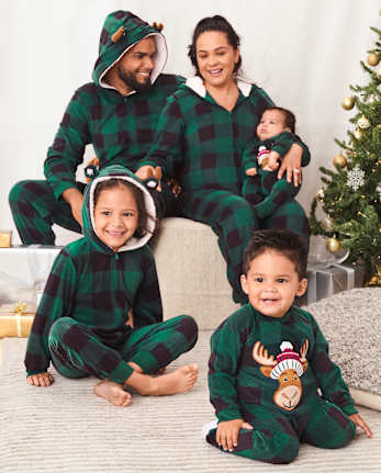 Unisex Adult Matching Family Buffalo Plaid Moose Microfleece Hooded One Piece Pajamas