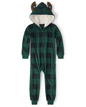 Unisex Kids Matching Family Buffalo Plaid Moose Microfleece Hooded One Piece Pajamas