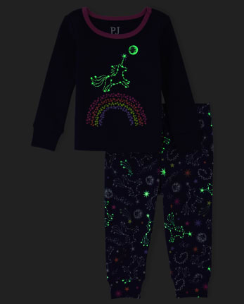Baby And Toddler Girls Glow Unicorn Rainbow Snug Fit Cotton Pajamas