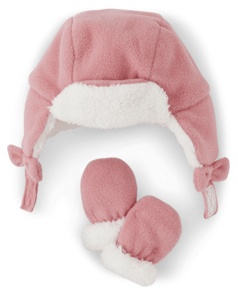 Ensemble 2 pièces chapeau et mitaines de trappeur pour bébé fille