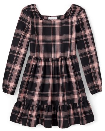 Girls Plaid Twill Tiered Dress