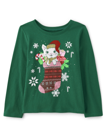 Baby And Toddler Girls Cat Stocking Graphic Tee